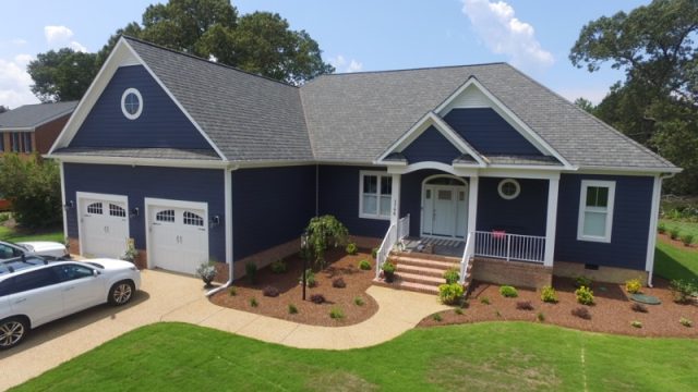 Hayes, VA 3D Design Residential Home, 2 car garage with cars in driveway, zoomed in